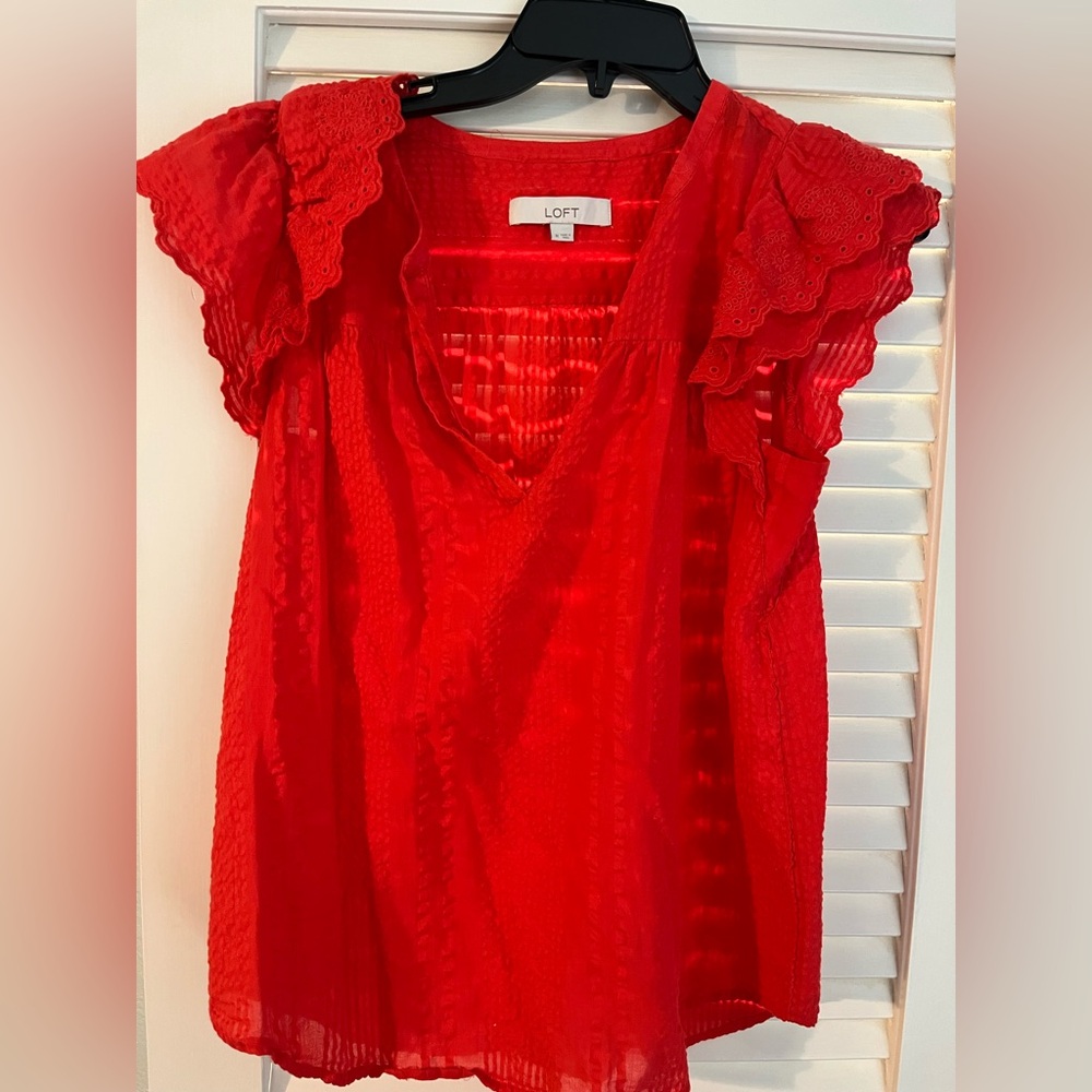 LOFT Vibrant Red Textured V-Neck Blouse